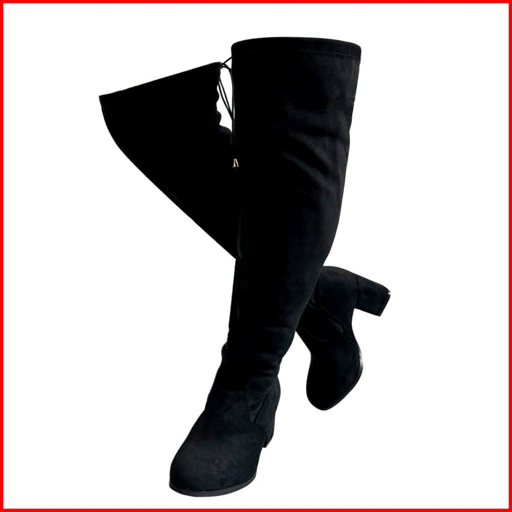 Wide Calf Over The Knee Boots Chunky Block Heel Pull On Thigh High
